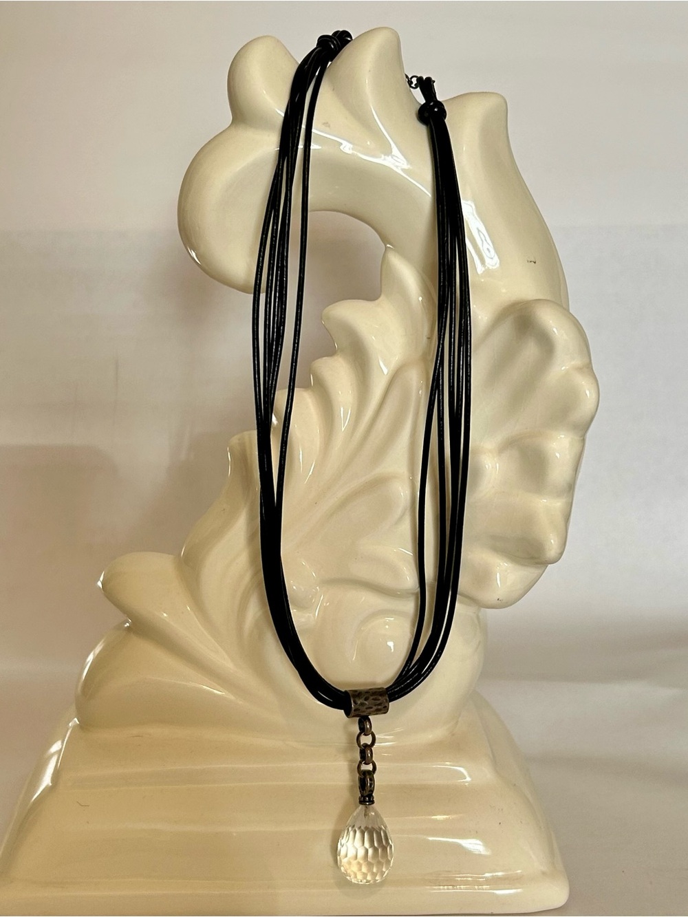 Silpada Multi-Strand Black Leather Cord Necklace with Faceted Crystal Drop 925